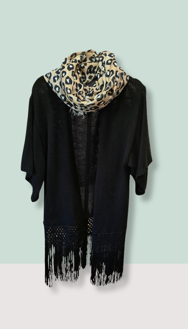 Black Knit Jumper & Leopard Print Scarf – Size Small